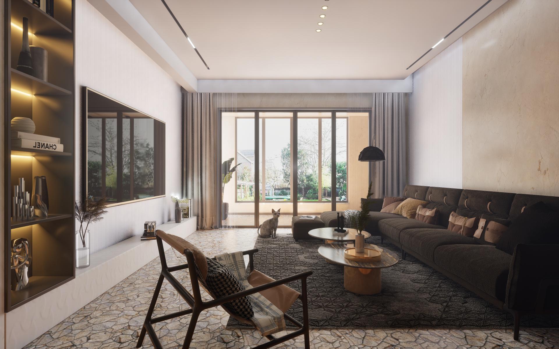 White textured laminate wall in modern living room with dark furniture and large windows showing natural scenery outside