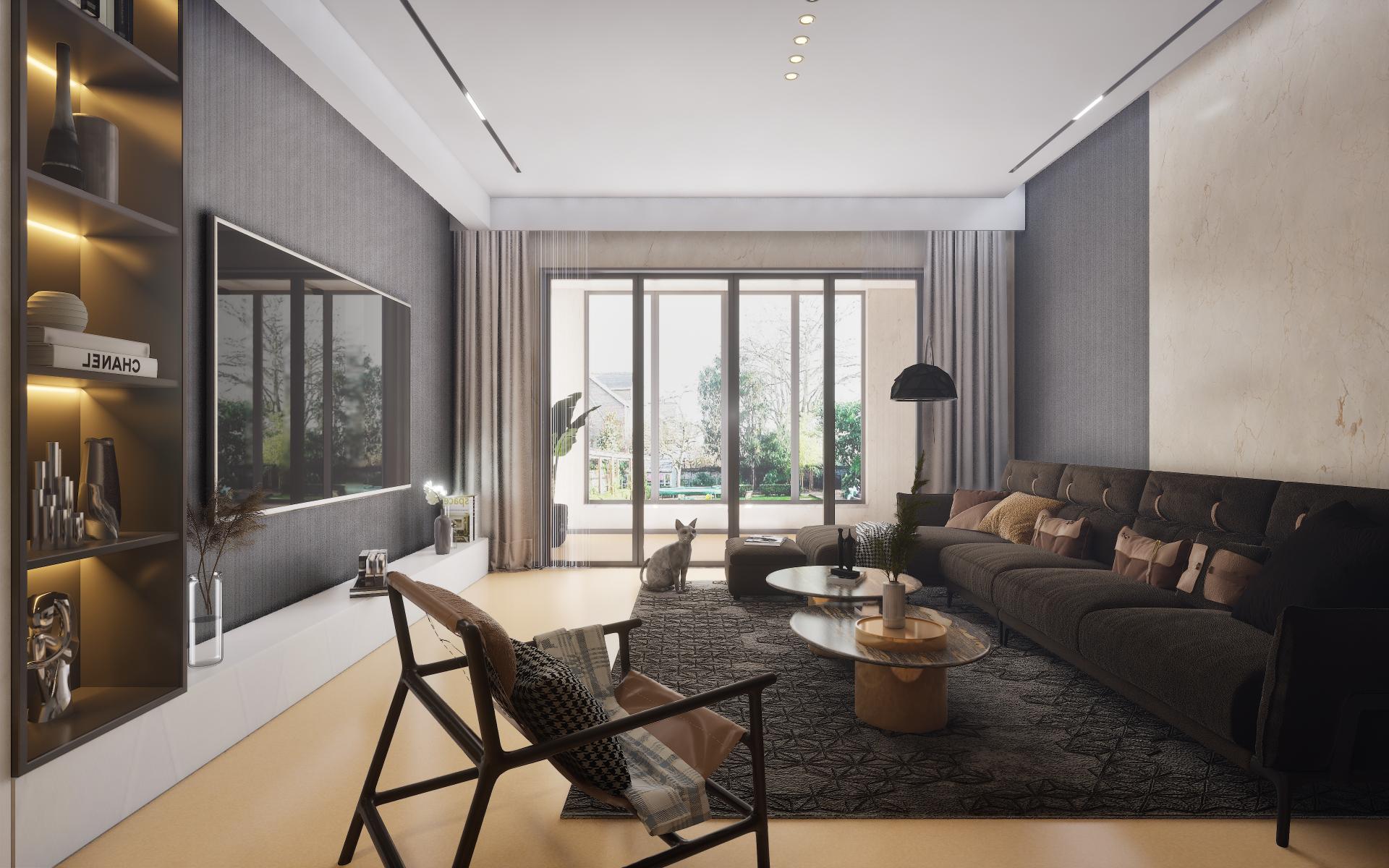 White textured laminate wall in modern living room with dark furniture and large windows showing outdoor greenery