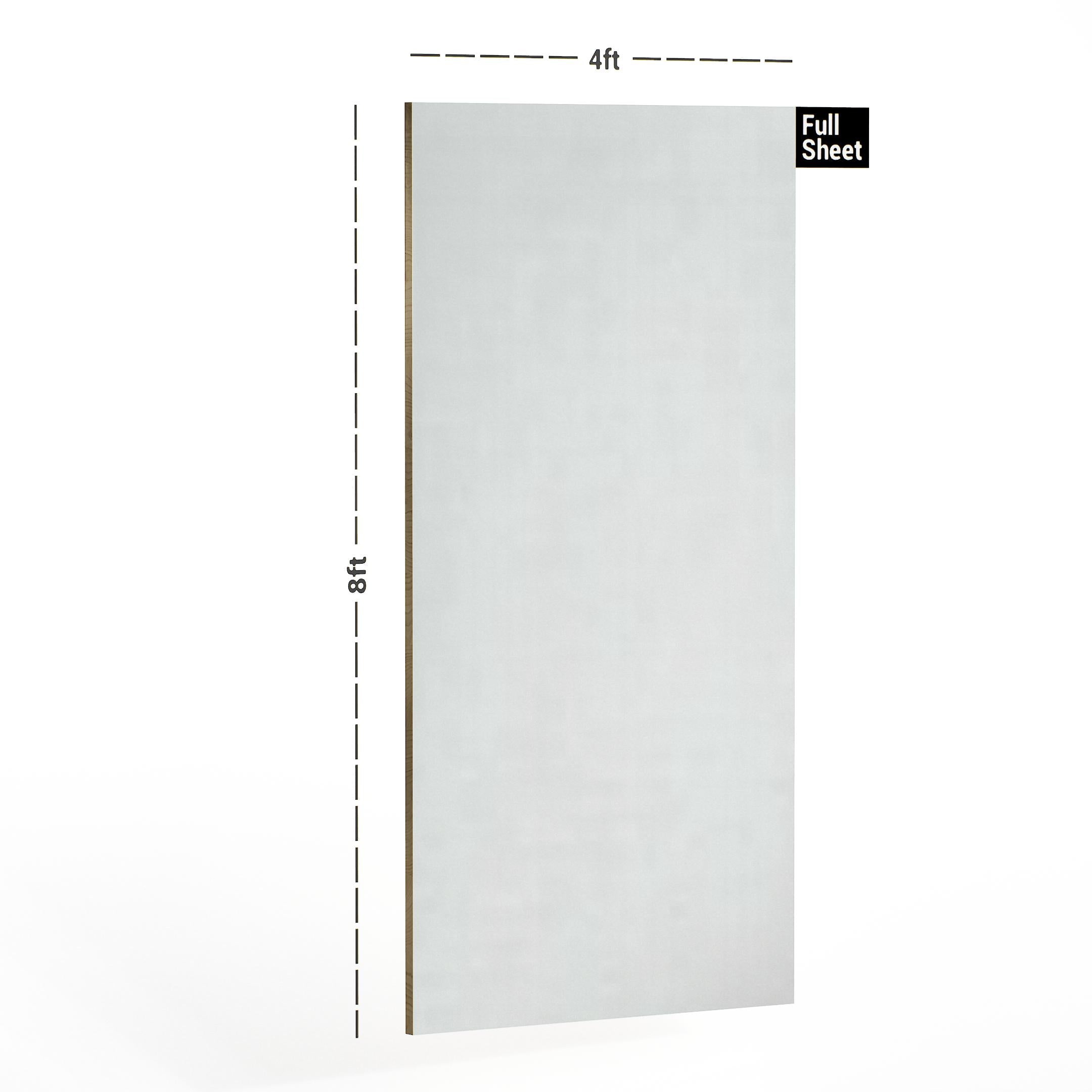 White plain laminate sheet with textured finish, 8x4 ft size, shown with dimensions and labeled Full Sheet.
