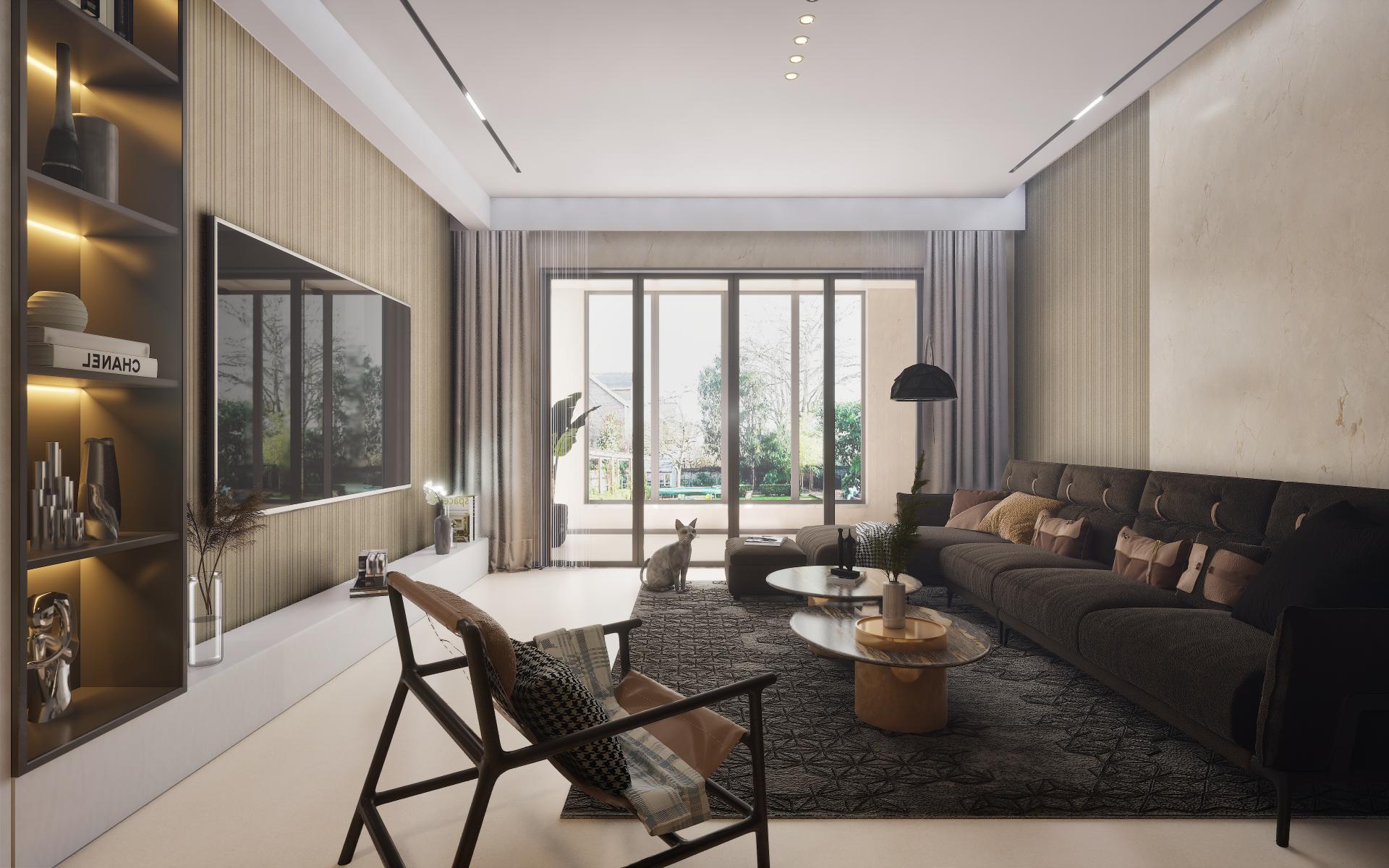 White textured laminate wall panel in modern living room with minimalist decor and large glass doors
