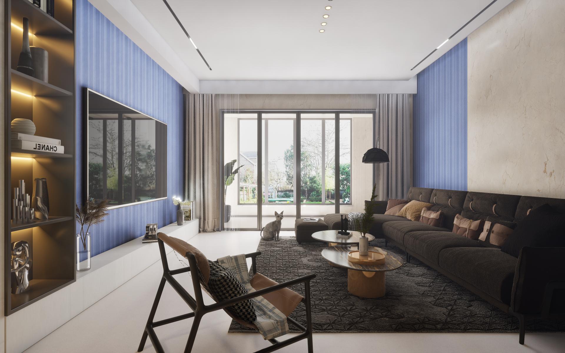 Blue laminate wall panel with vertical stripes in modern living room interior with furniture and decor items.