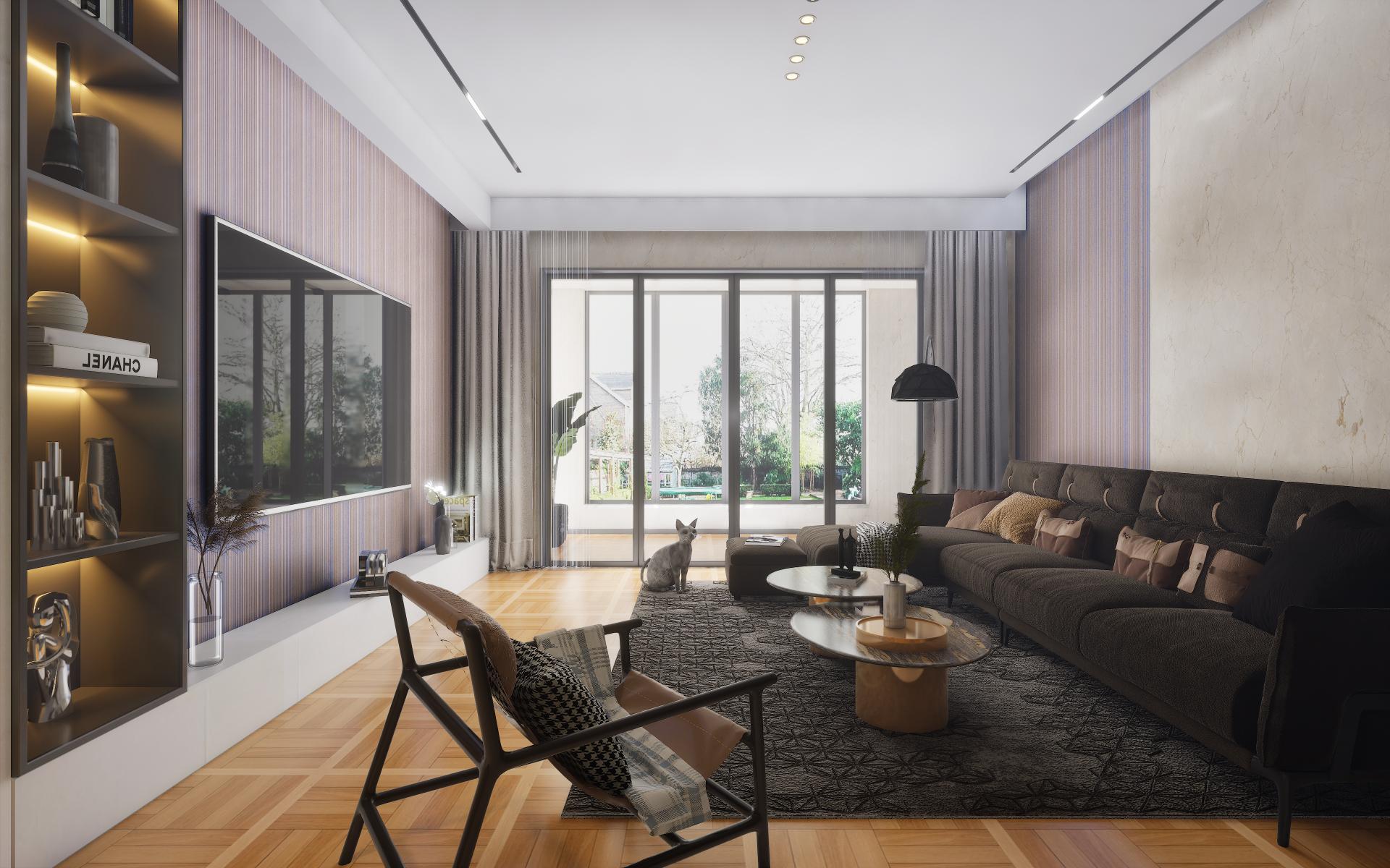 White laminate wall panel with texture finish in modern living room interior with furniture and decor elements.
