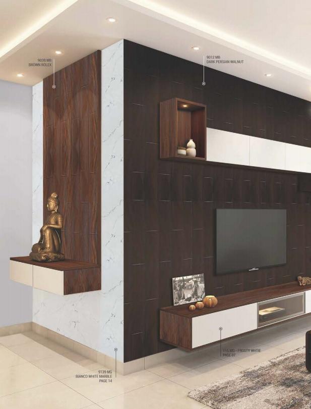 White laminate wall with textured finish in modern living room with dark wood accents and decorative elements