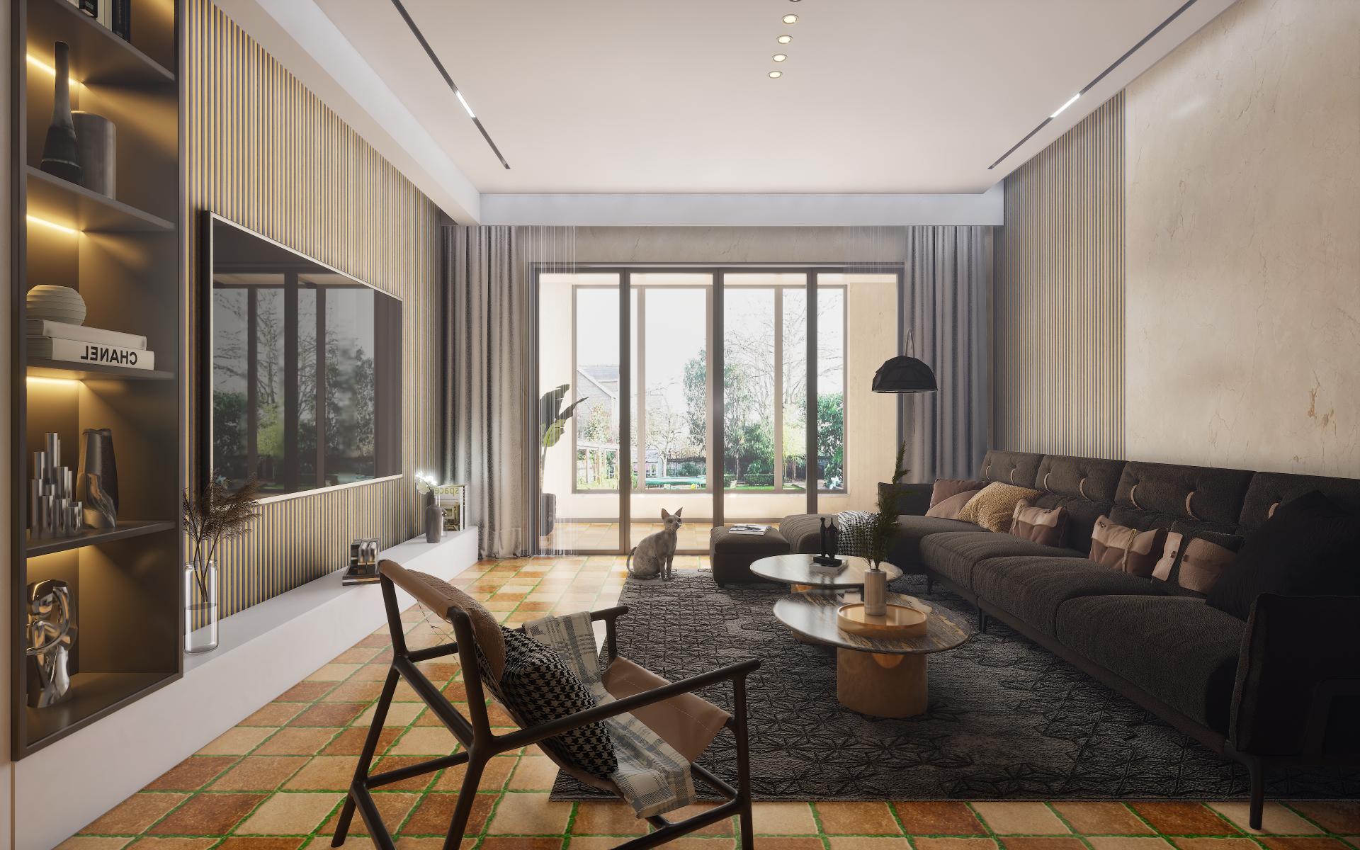 White laminate wall cladding with vertical stripes in modern living room with furniture and large windows