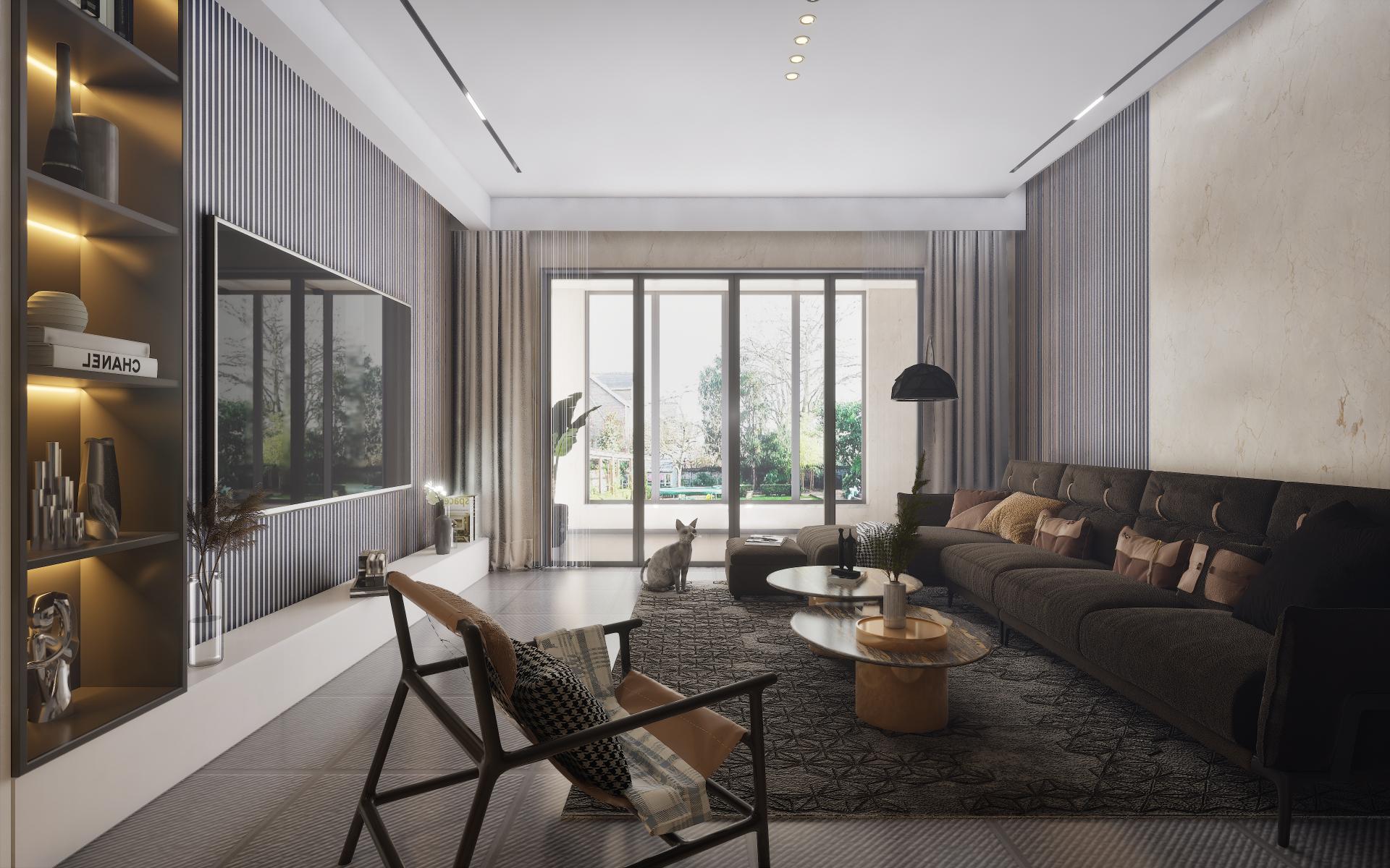 White laminate wall with vertical stripes in modern living room interior with furniture and decor items