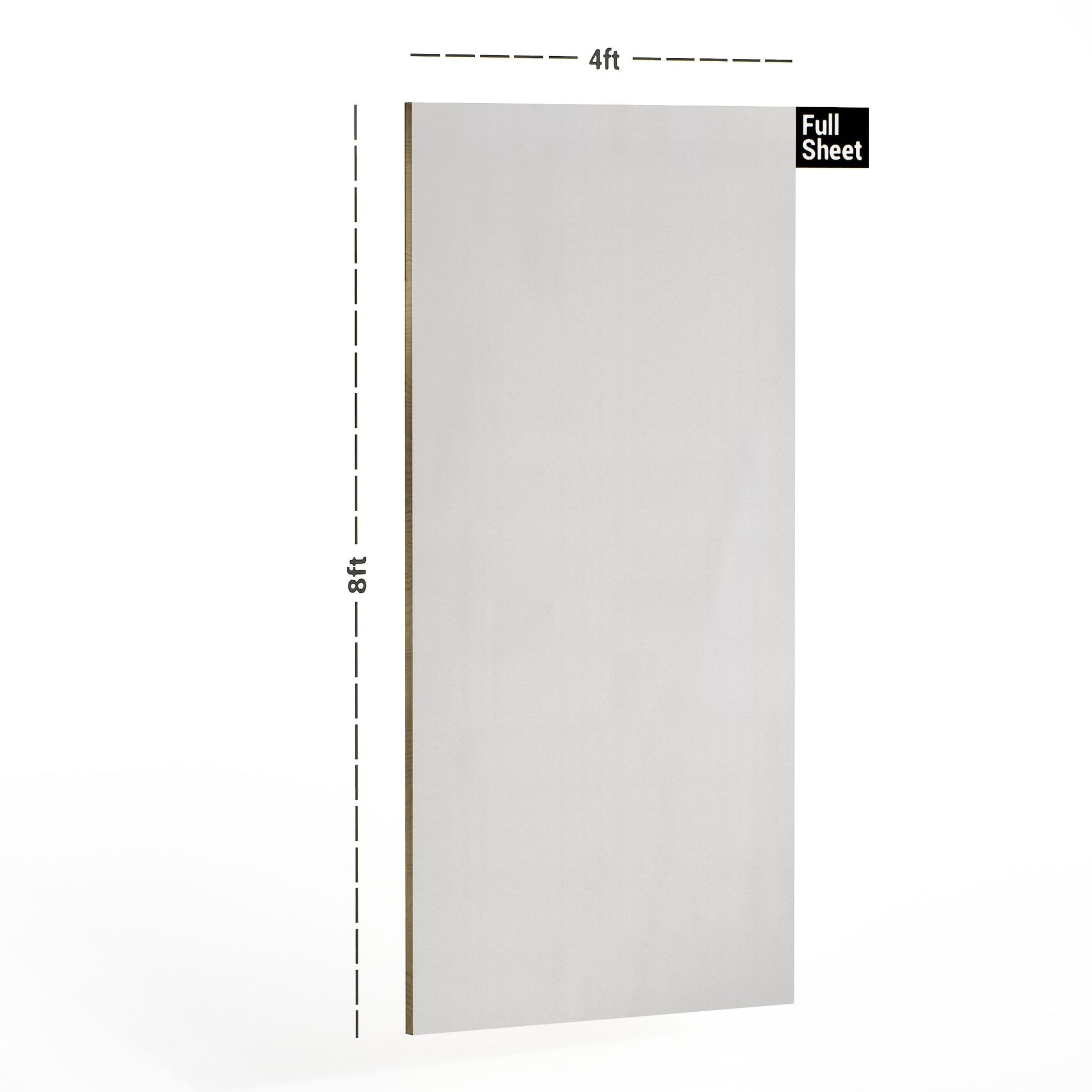 White plain laminate sheet with textured finish, 8x4 ft size, shown with dimensions and labeled Full Sheet.