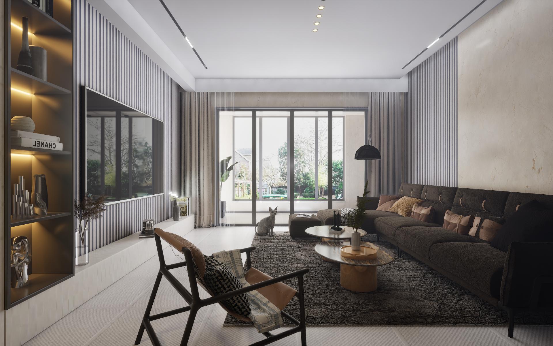 White laminate wall cladding with vertical stripes in modern living room interior with furniture and decor accents