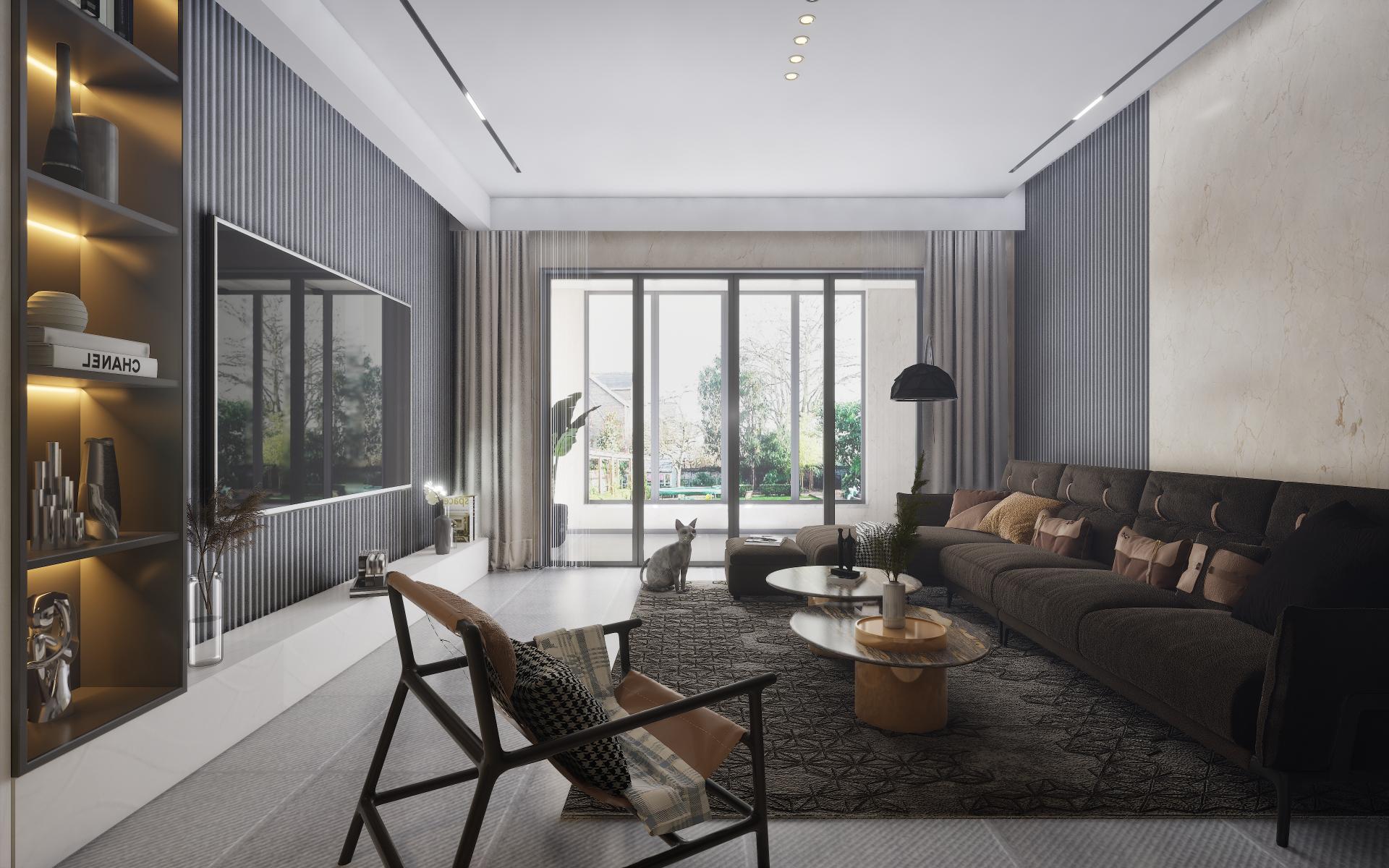 White textured laminate wall panel in modern living room with gray furniture and decor, showcasing plain finish and texture