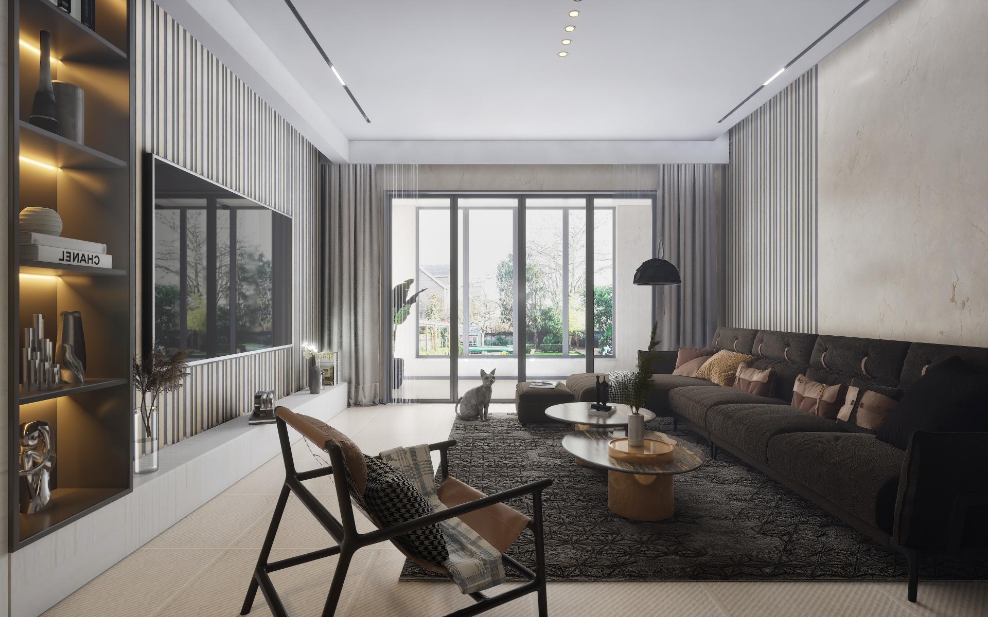 White laminate wall with texture finish in modern living room with gray sofa and minimalist decor.