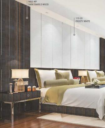 White textured laminate in bedroom setting with dark wood accents and white bedding, showcasing plain color and texture