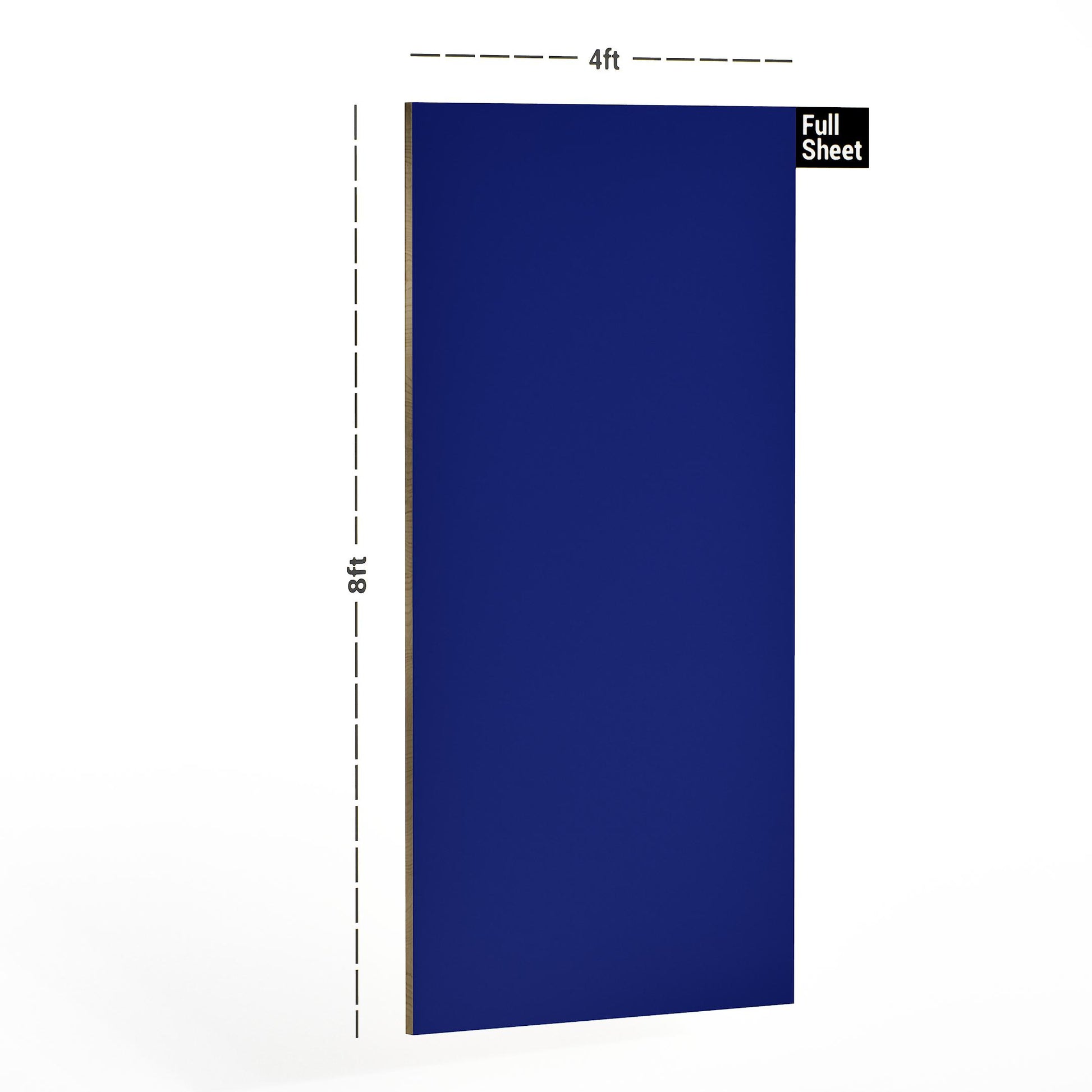 Blue plain laminate sheet with suede finish, 8x4 ft size, shown with dimensions and full sheet label.