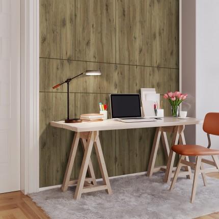 Brown wood grain laminate wall with textured finish in a modern office setting with desk and chair