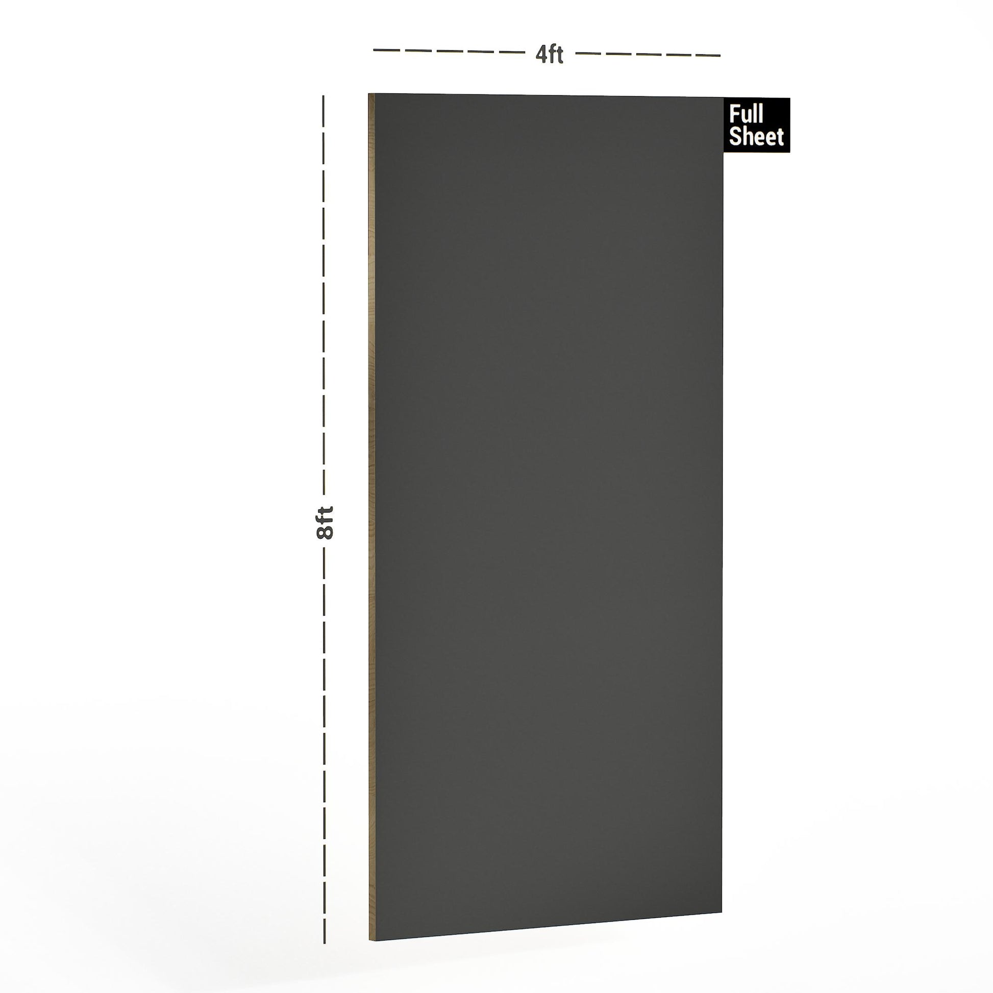 Grey plain laminate sheet with suede finish and dimensions 8x4 ft displayed with measurement markings.