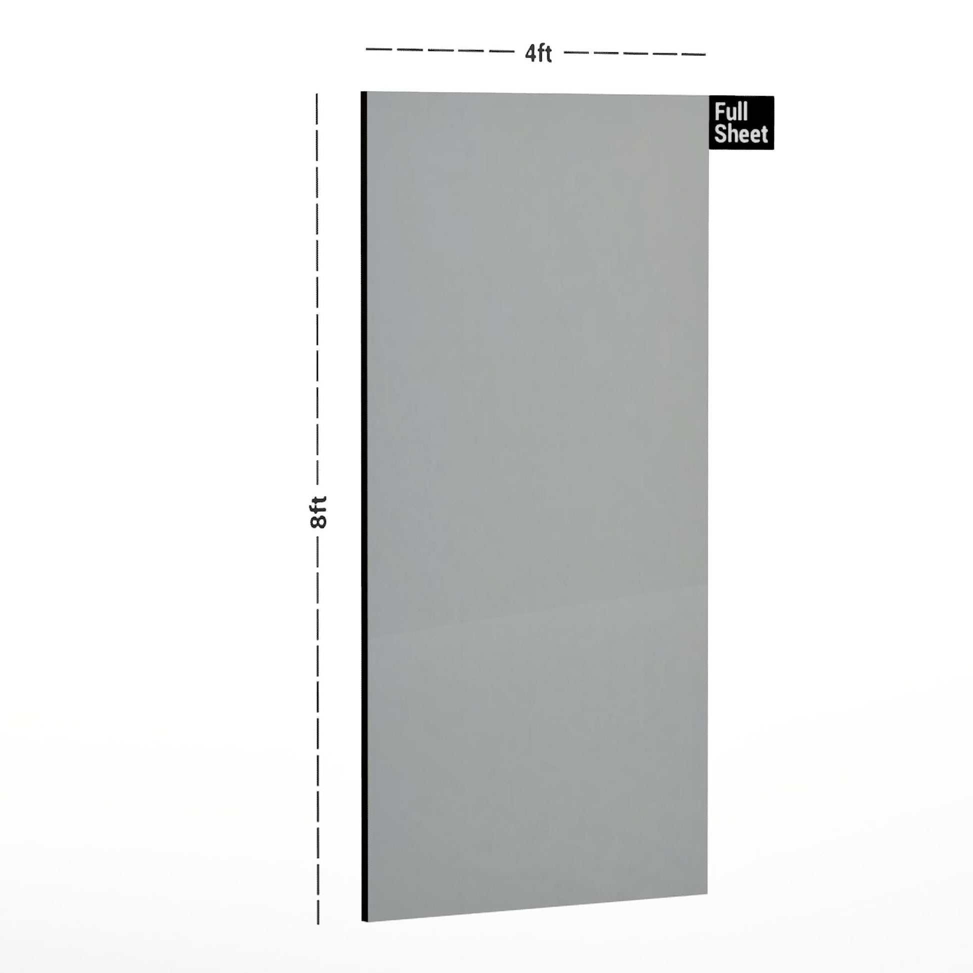 Grey plain laminate sheet with high gloss finish, 8x4 ft size, shown with dimensions.
