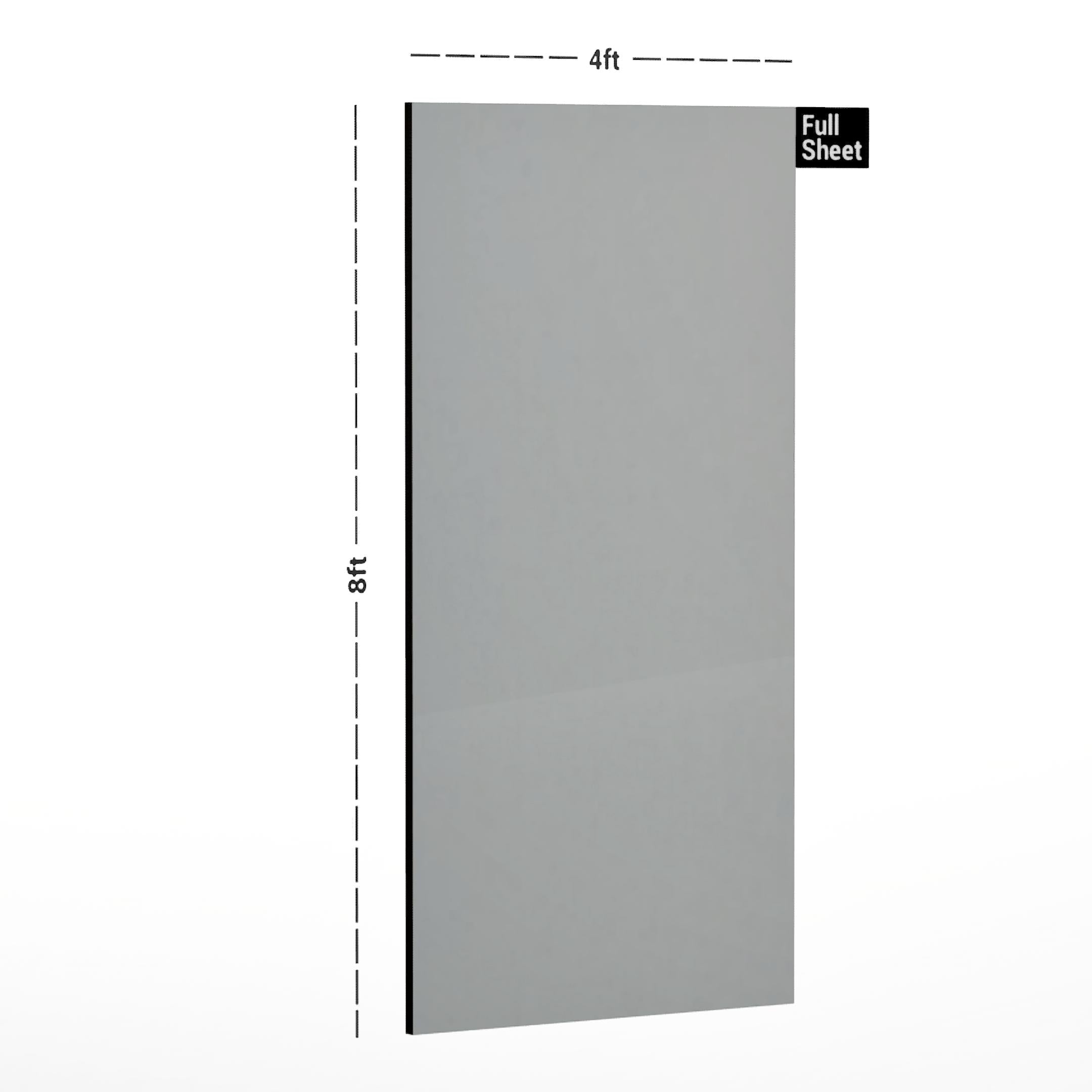 Grey plain laminate sheet with high gloss finish, 8x4 ft size, shown with dimensions.