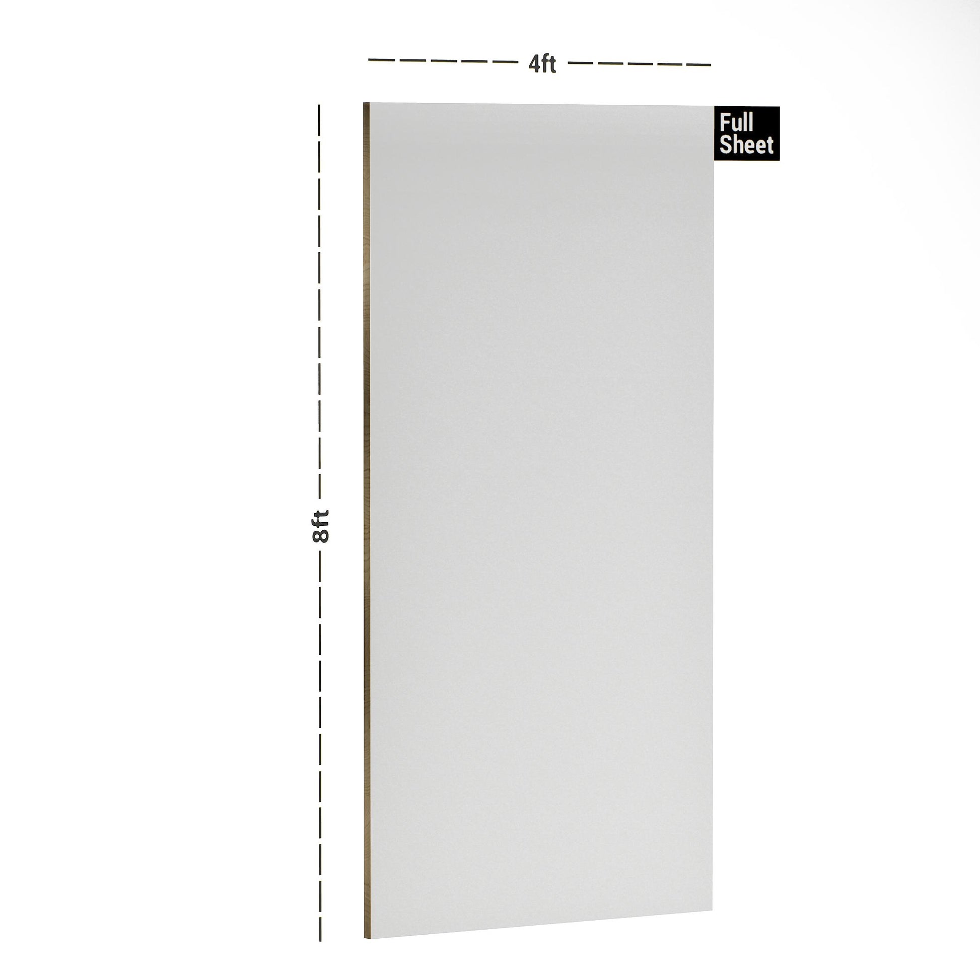 White plain laminate sheet with textured finish and dimensions 8x4 ft displayed with measurements.