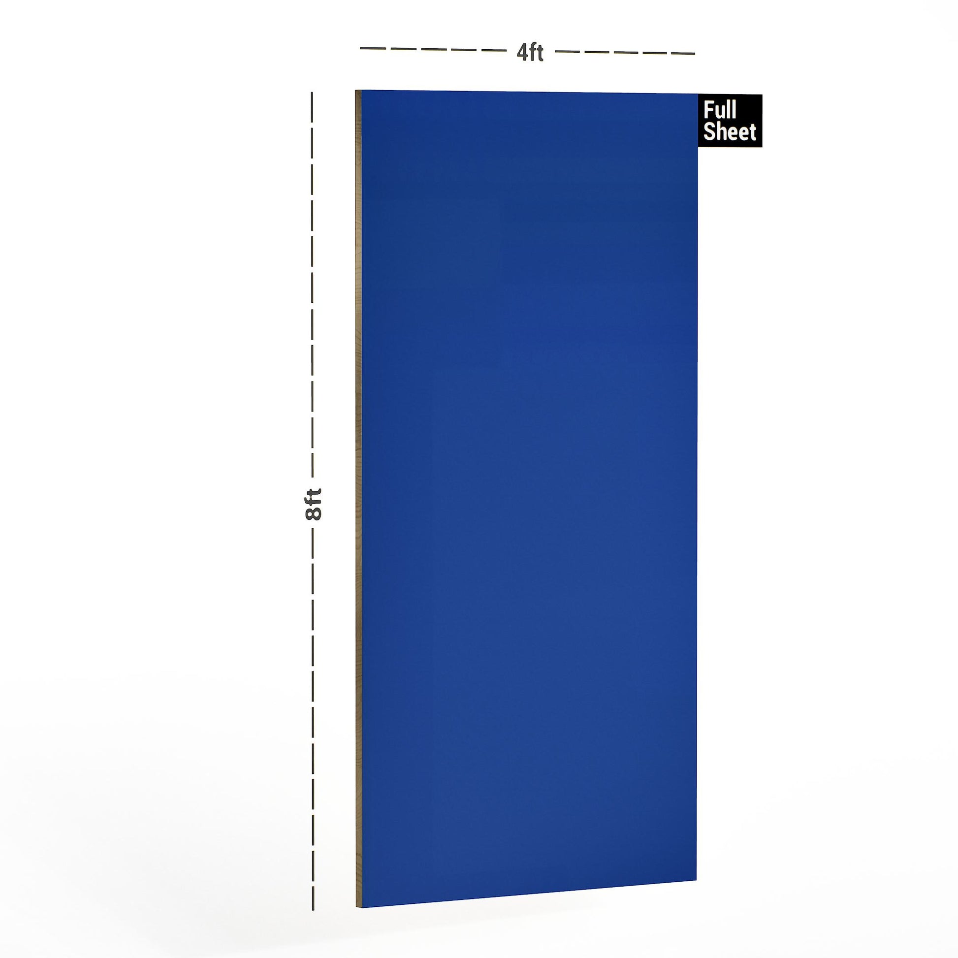 Blue plain laminate sheet with suede finish and visible edge, 8x4 ft size indicated by dimensions.