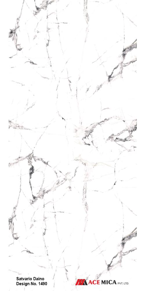 White marble laminate with grey veining and high gloss finish, showing detailed stone pattern and texture.
