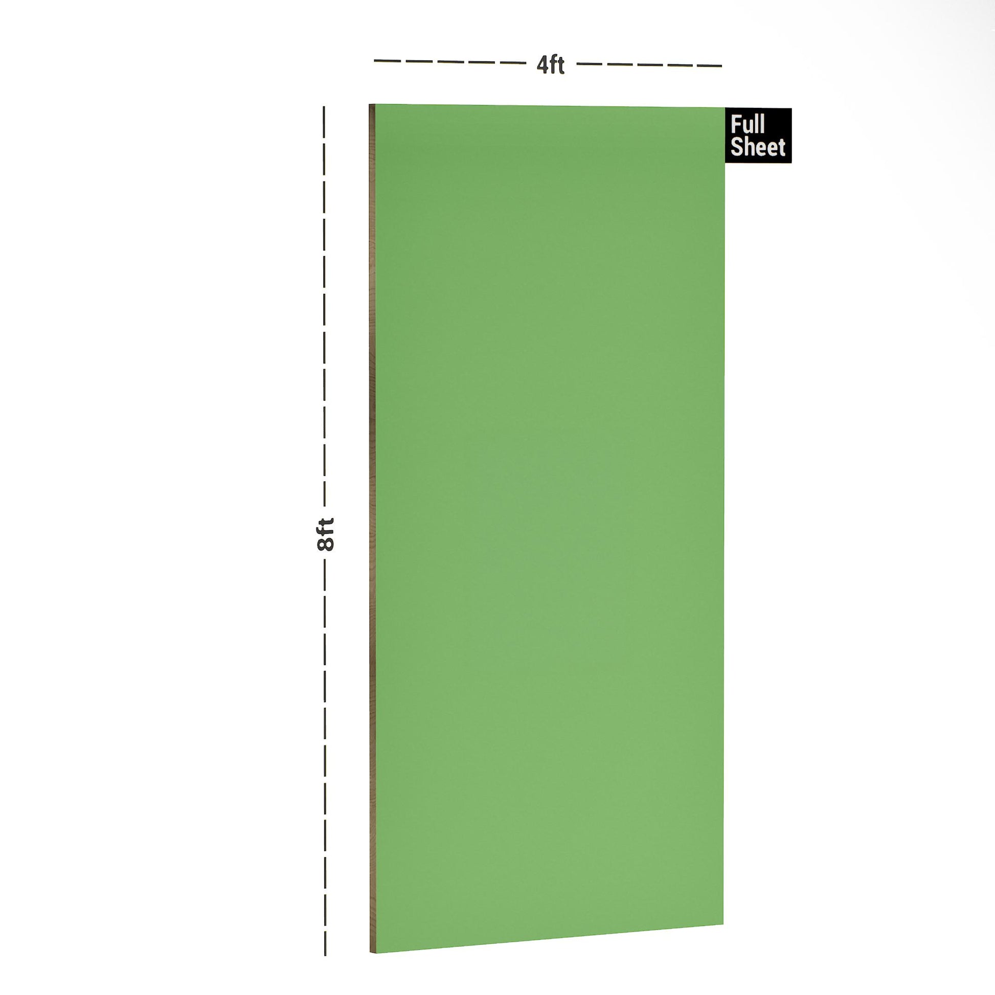 Green plain laminate sheet with suede finish and dimensions 8x4 ft displayed with measurement markings.
