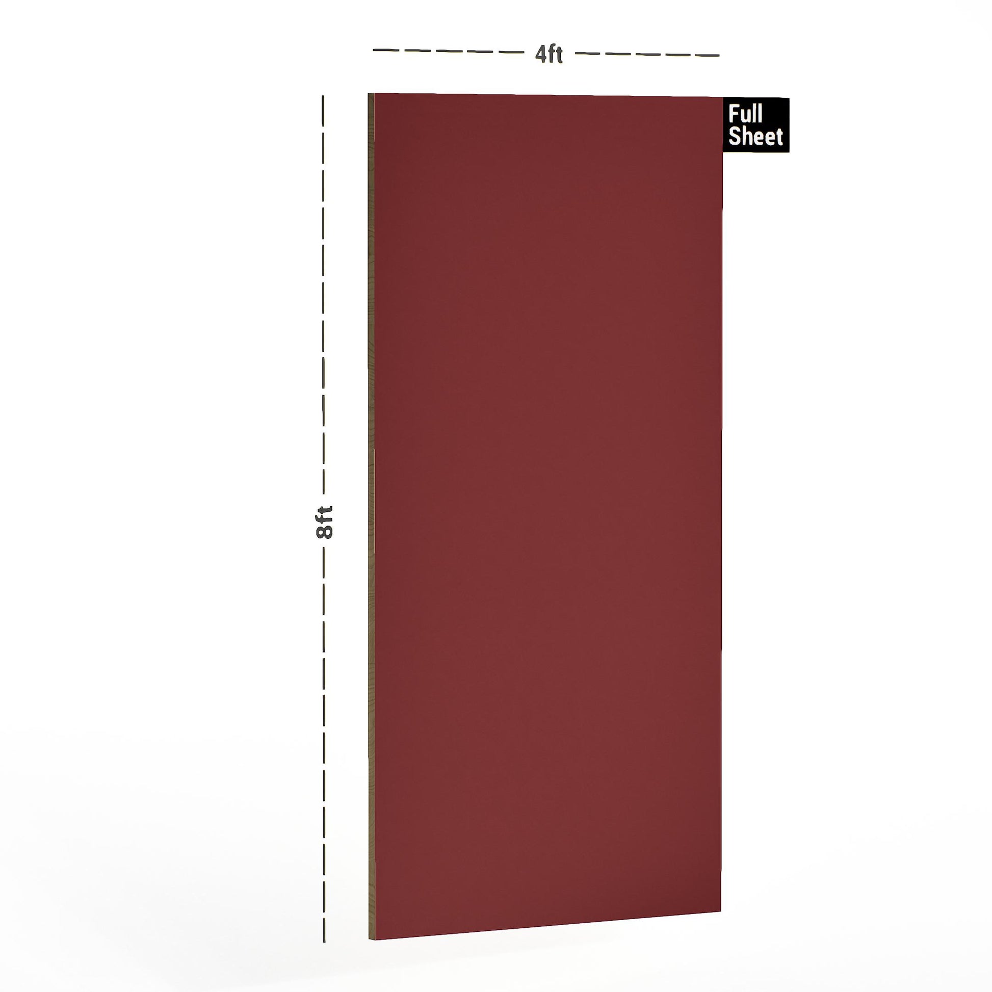 Red plain laminate sheet with textured finish, 8x4 ft size, shown with dimensions and labeled as full sheet.