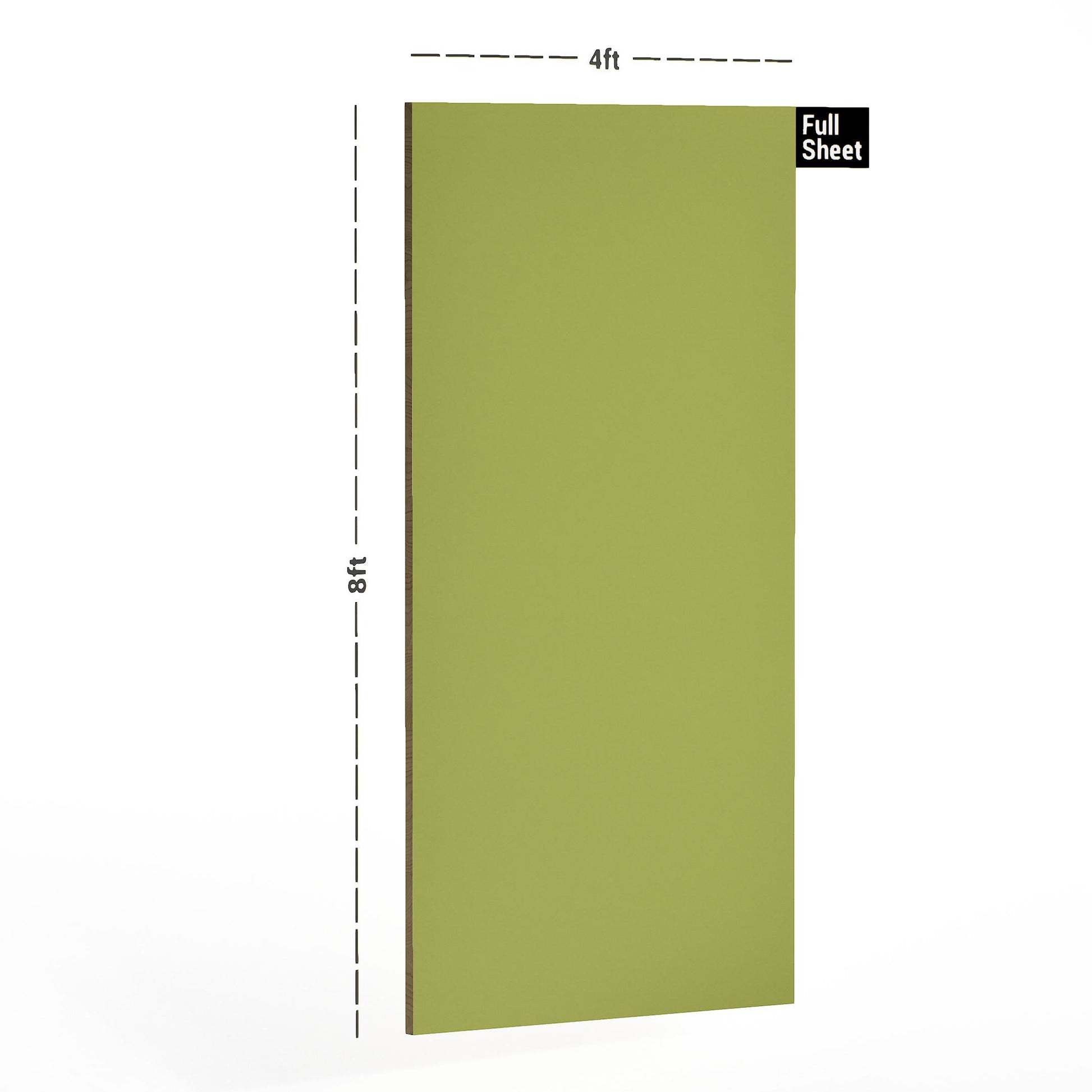 Green plain laminate sheet with high gloss finish, 8x4 ft size, shown with dimensions and full sheet label.
