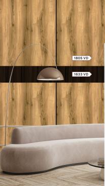 Brown wood grain laminate wall with textured finish and labels 1805 VD and 1633 VD in a modern room setting