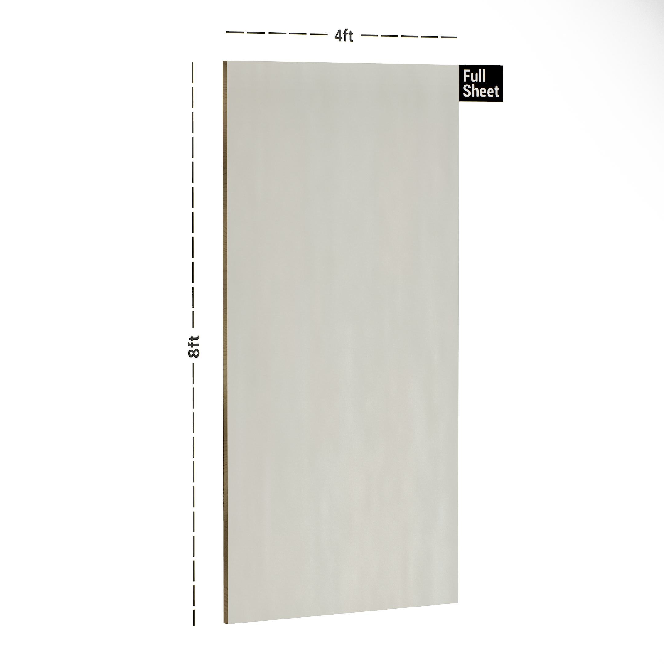 White plain laminate sheet with suede finish, 8x4 ft size, shown with dimensions and full sheet label.