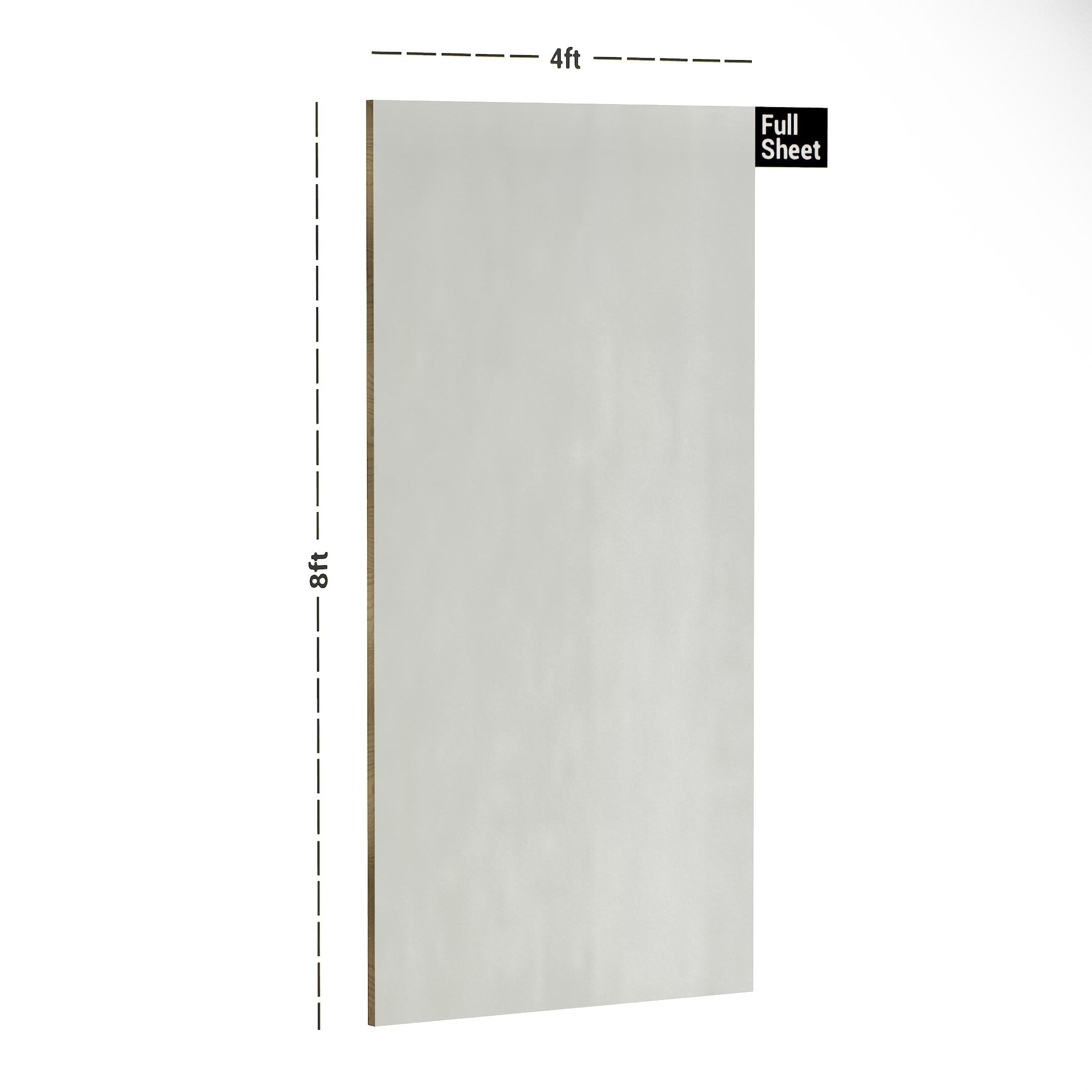 Light grey plain laminate sheet with textured finish and dimensions 8x4 ft displayed with measurement markings.