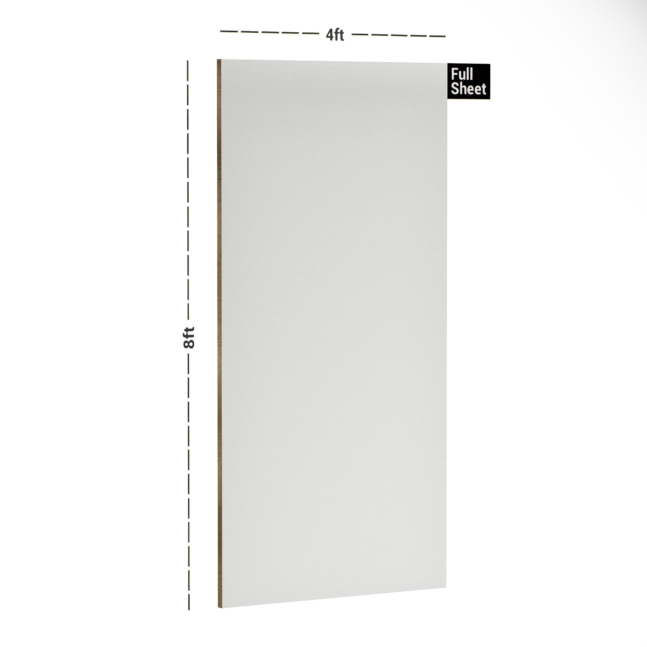 White plain laminate sheet with textured finish, 8x4 ft size, shown with dimensions and labeled as full sheet.