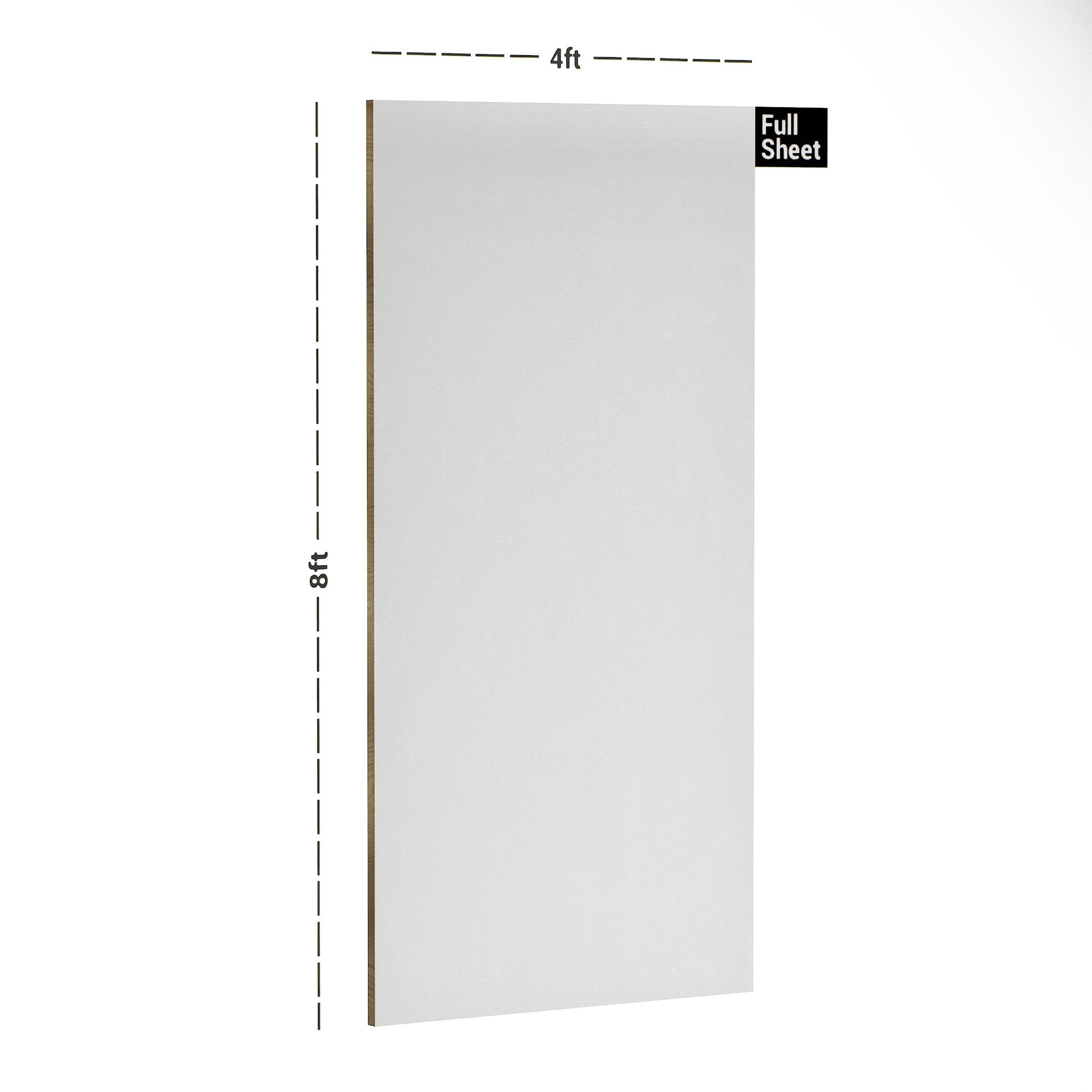 White plain laminate sheet with textured finish, 8x4 ft size, shown with dimensions indicated alongside.