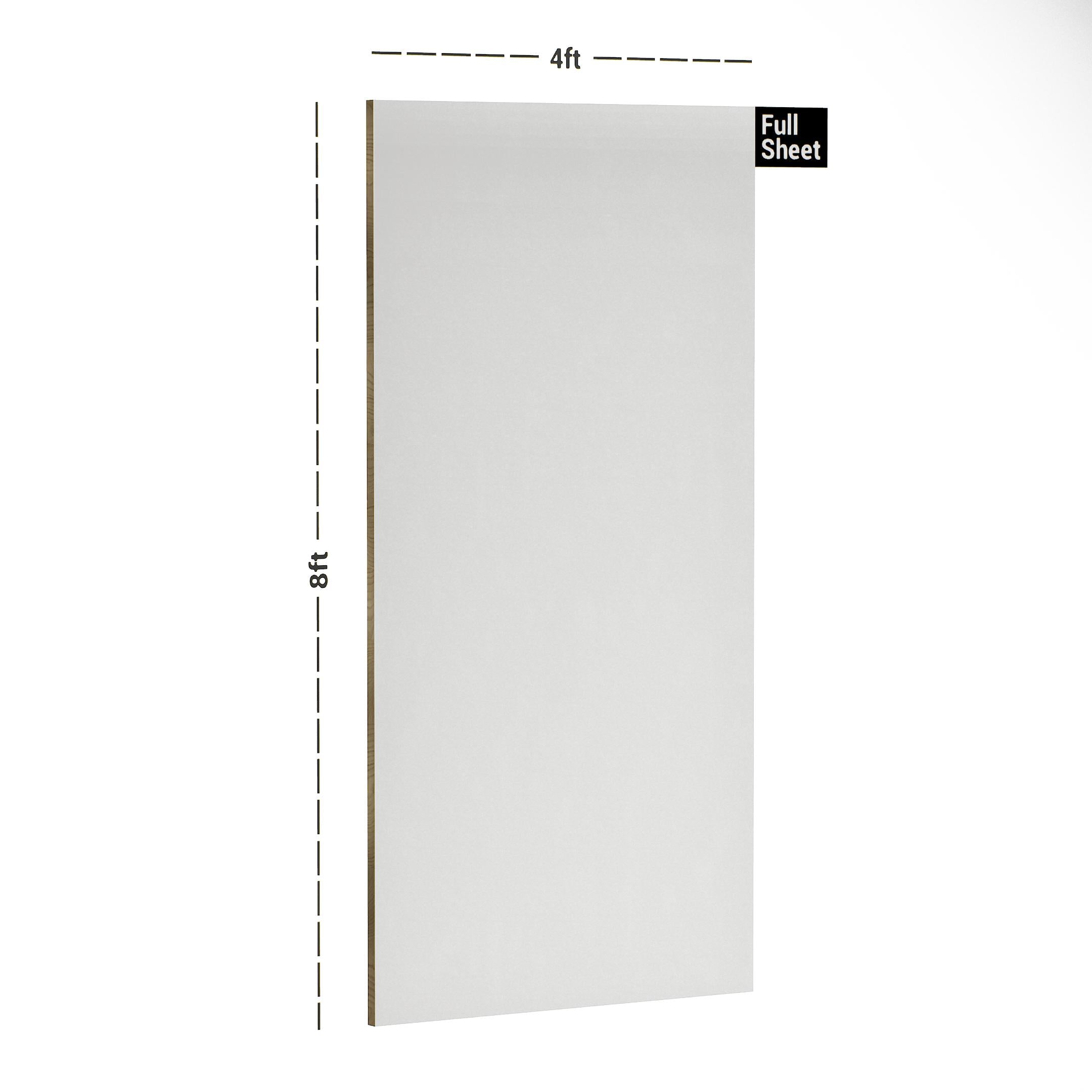 White plain laminate sheet with textured finish, 8x4 ft size, shown with dimensions indicated alongside.