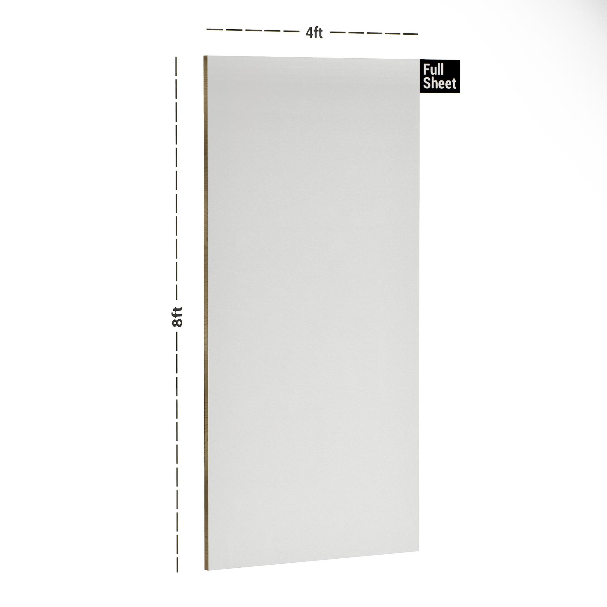 White plain laminate sheet with textured finish and dimensions 8x4 ft displayed with measurement markings.