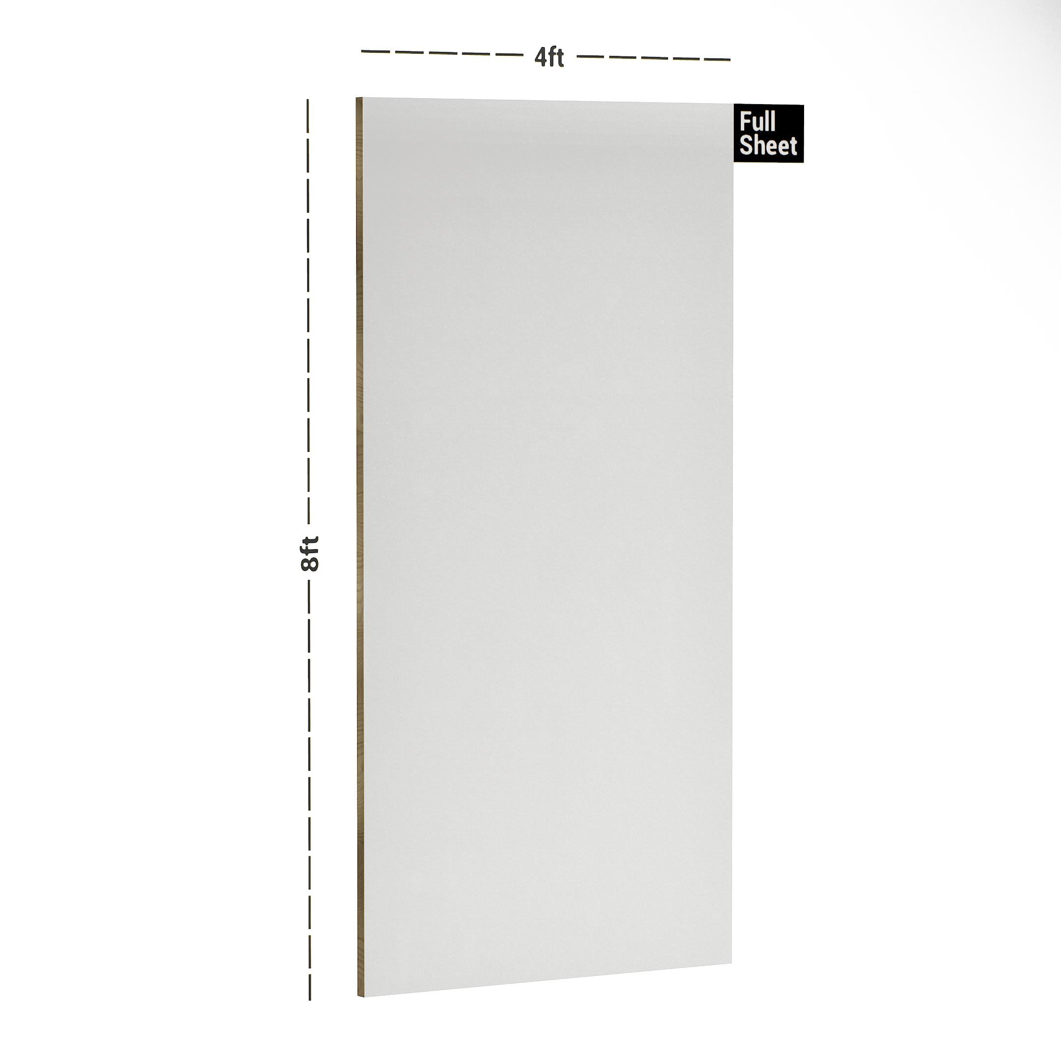 White plain laminate sheet with textured finish and dimensions 8x4 ft displayed with measurement markings.