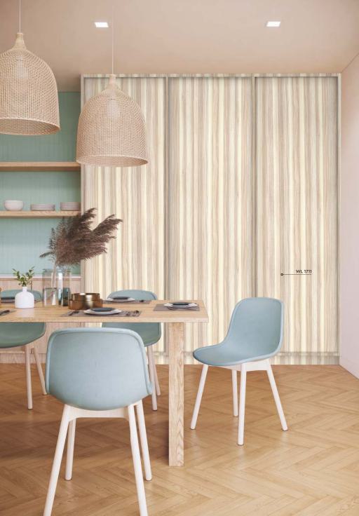 Brown wood grain laminate with textured finish, visible in a dining room setting with herringbone floor pattern