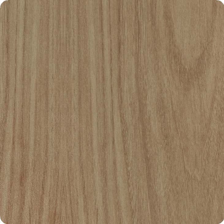 Brown wood laminate with suede finish and wood grain texture, showing vertical lines and subtle sheen, decorative laminate