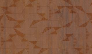 Brown wood laminate with textured mosaic pattern and wood grain details, showing geometric shapes and subtle sheen.