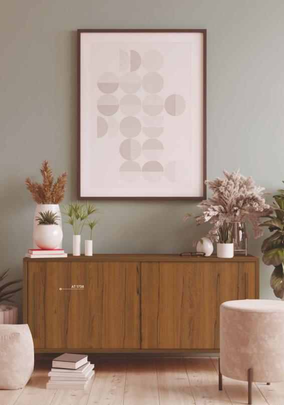 Brown wood grain laminate cabinet with textured finish in a modern room setting with decorative plants and artwork.