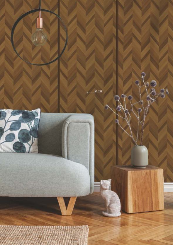 Brown wood laminate with chevron pattern and suede finish on wall, with furniture and decor nearby