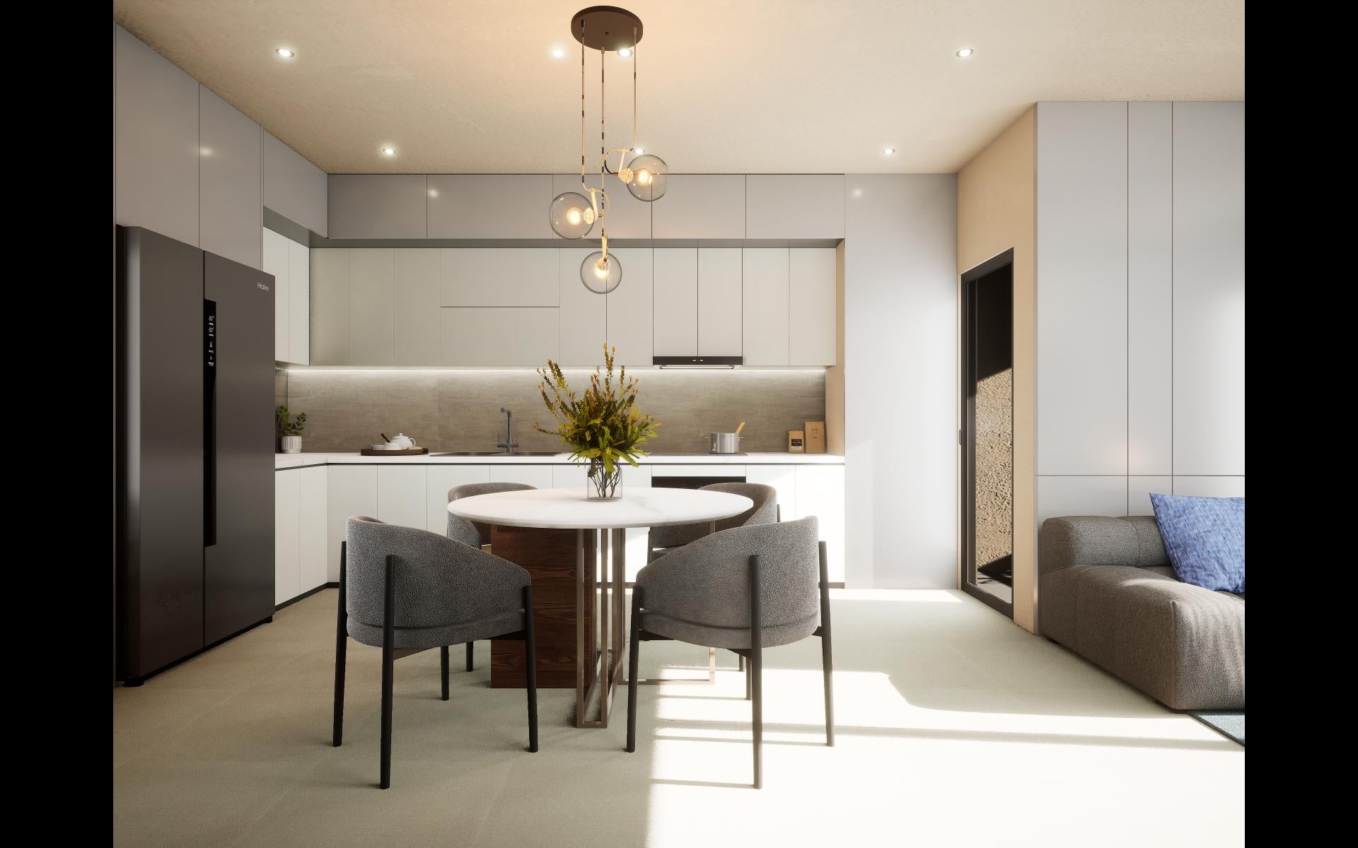 White laminate kitchen cabinets and backsplash with subtle sheen in modern interior design setting