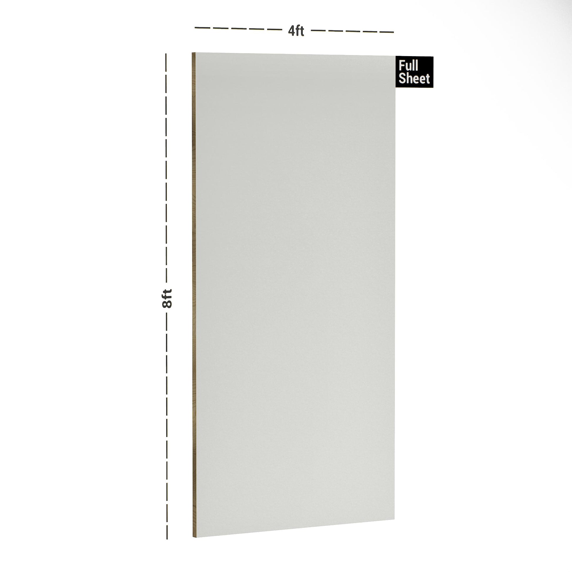 Smoke white plain laminate sheet with suede finish and dimensions 8x4 ft displayed with size markings.