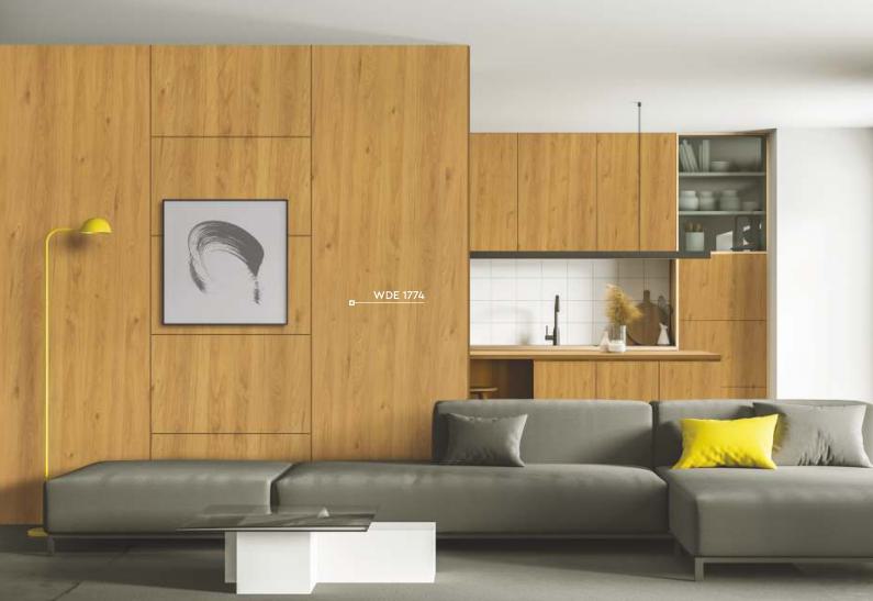 Brown wood grain laminate wall with textured finish in modern living room with grey sofa and yellow accents