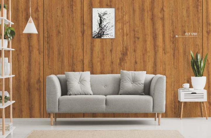 Brown wood laminate wall with texture finish and wood grain pattern in a modern living room setting with furniture and decor.