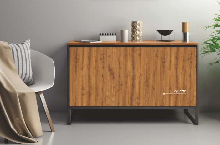 Brown wood grain laminate cabinet with textured finish and decorative items on top in a modern interior setting