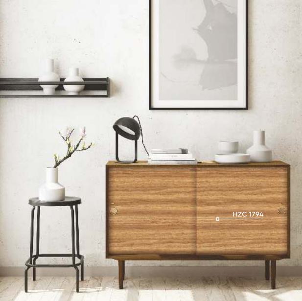 Brown wood laminate cabinet with textured finish and visible wood grain in a modern interior setting with decorative items