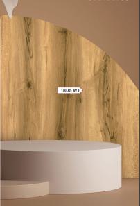 Brown wood grain laminate with textured finish and visible wood pattern on curved wall and circular display stand surface.