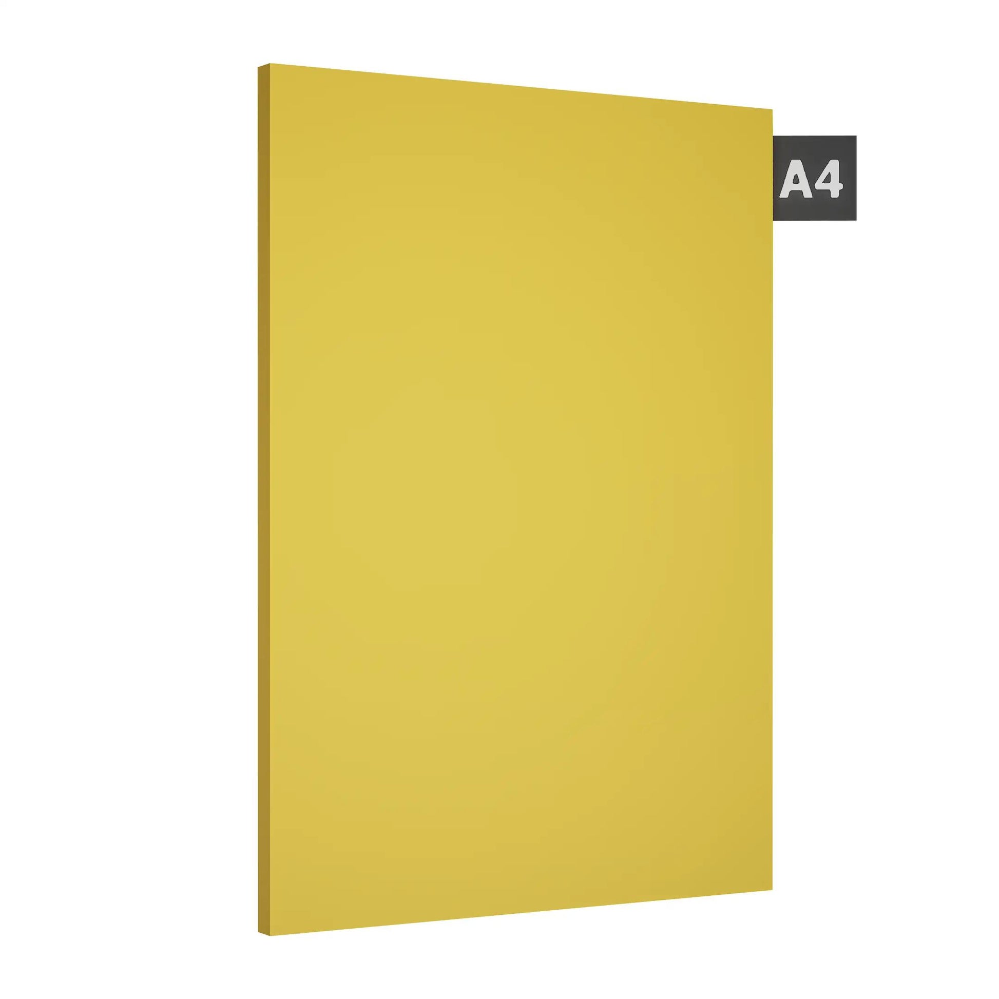 Yellow suede laminate sheet with plain finish and smooth texture, shown with A4 size reference indicator.