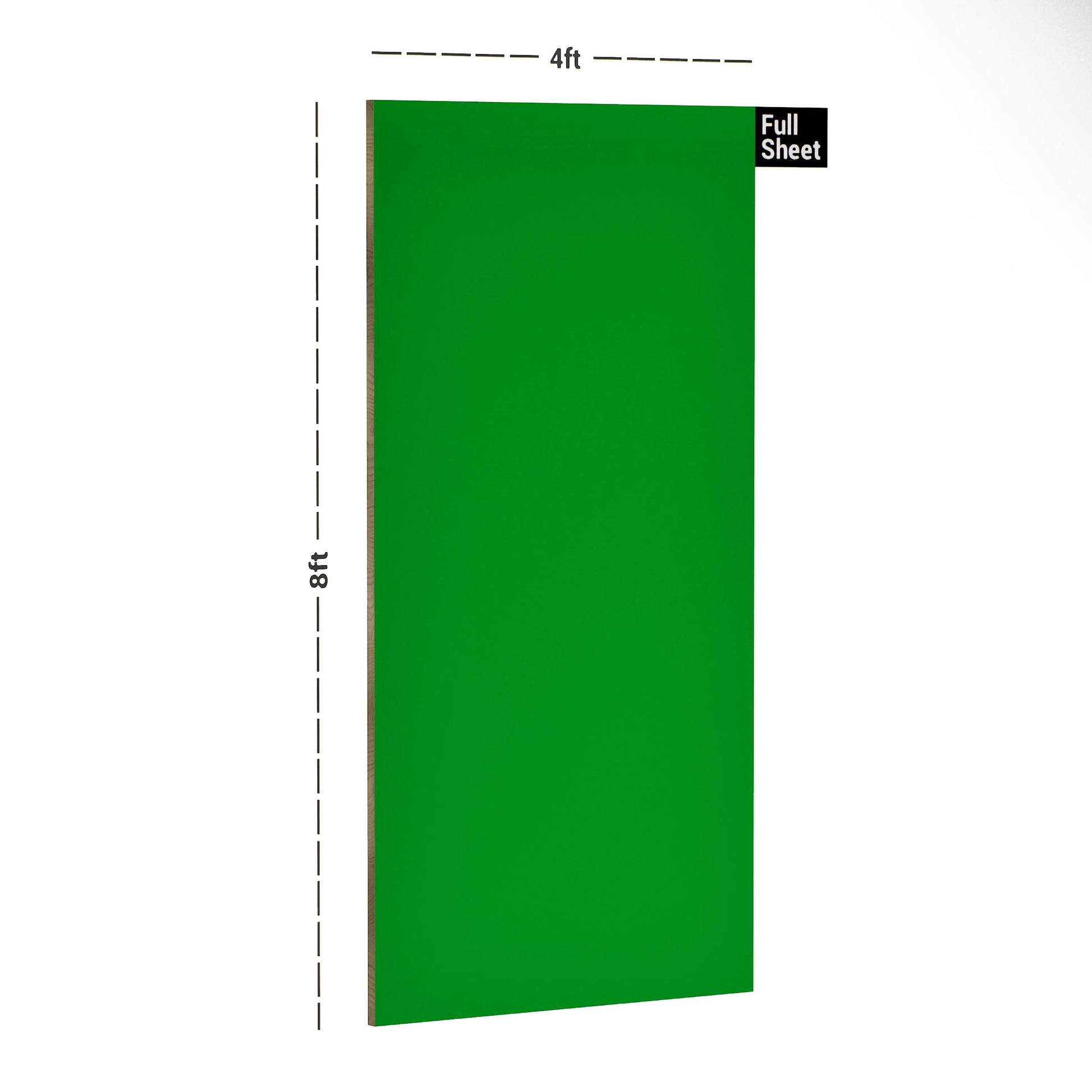 Green plain laminate sheet with suede finish, 8x4 ft size, shown with dimensions and full sheet label.