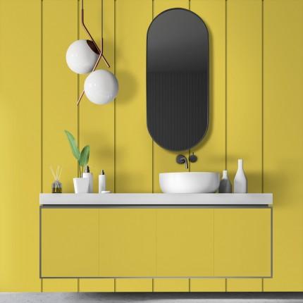 Yellow wall panels and laminate cabinet fronts for a bathroom