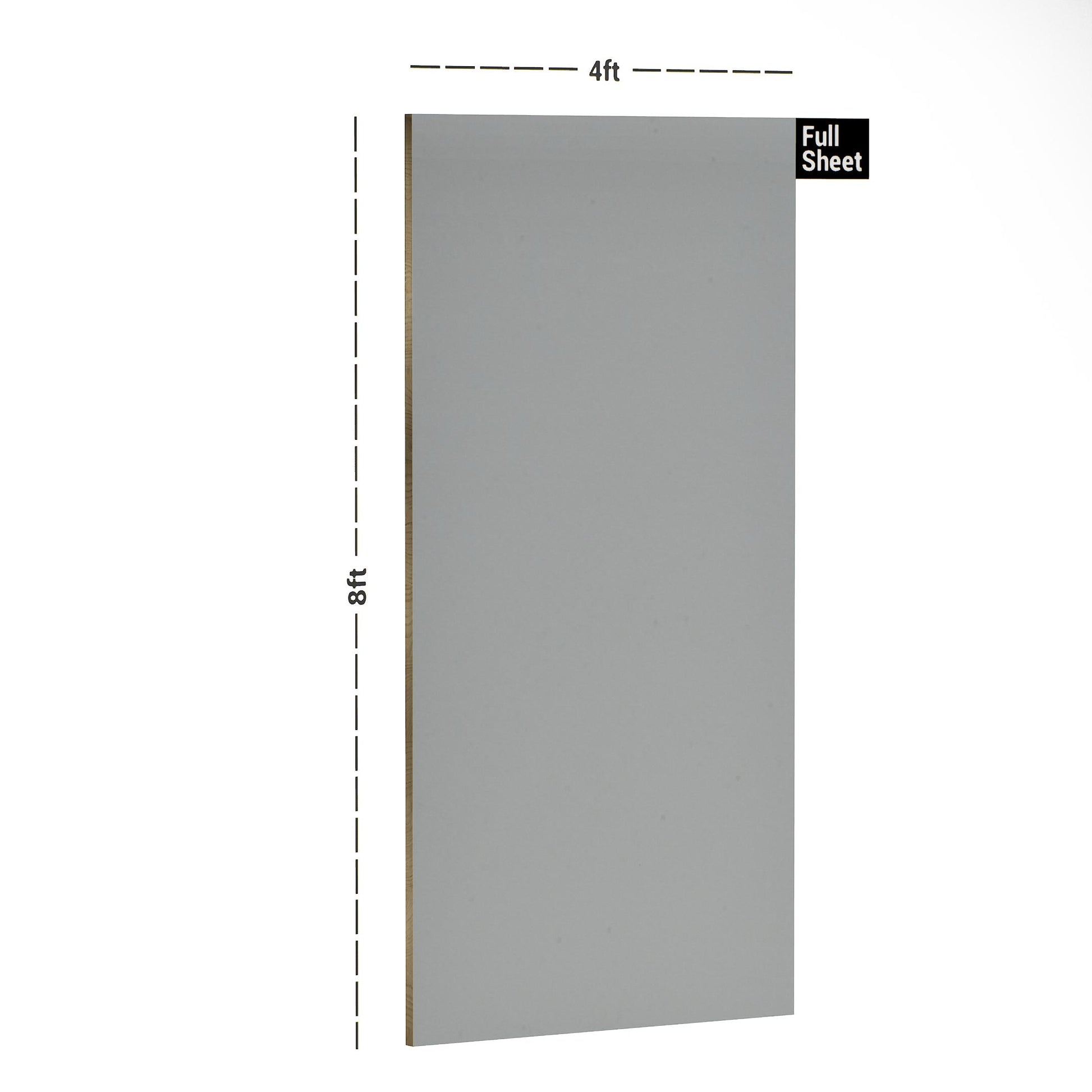Grey solid color laminate wall panel with lustre finish and dimensions 8x4 ft displayed with measurements.