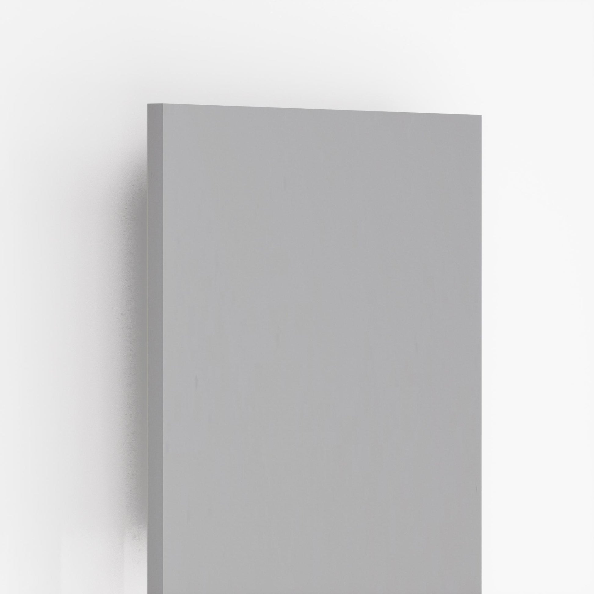 Silver grey solid color laminate panel with lustre finish and smooth texture, showing edge detail and subtle sheen.